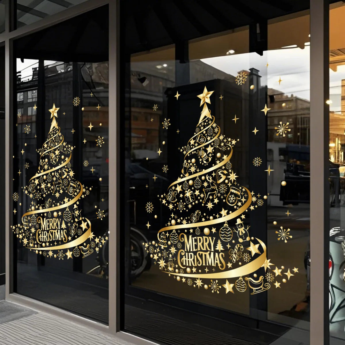 adesivo de natal dourado aplicado em janela de vidro - foto 13