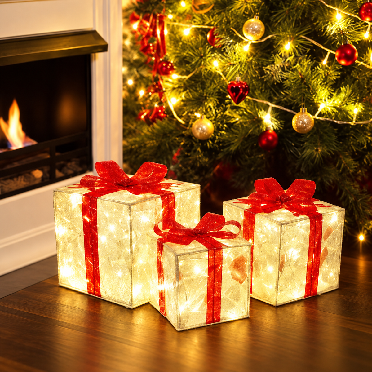 caixas de presente decorativas com led ao pé da árvore de natal