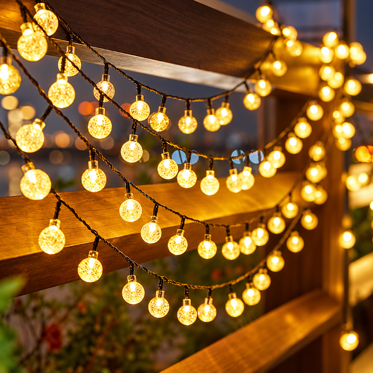 cordão solar de bolinhas de luz led branco quente aceso em jardim