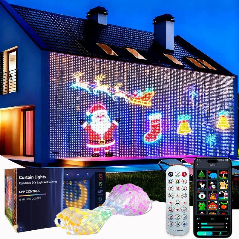 cortina de luz led inteligente acesa na parede com desenhos coloridos