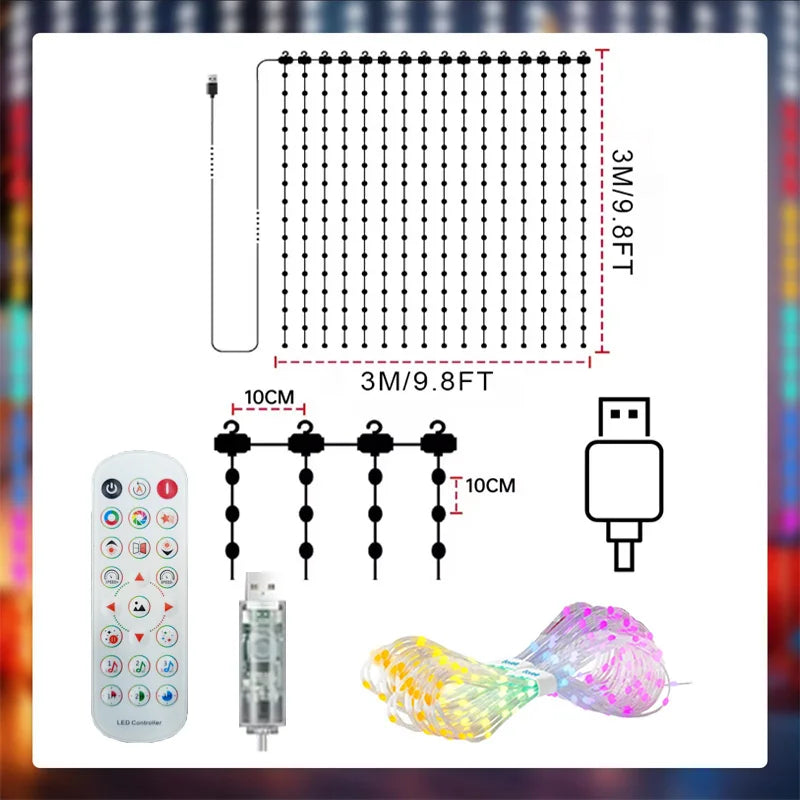 cortina de luz led inteligente acesa na parede com desenhos coloridos - foto 7
