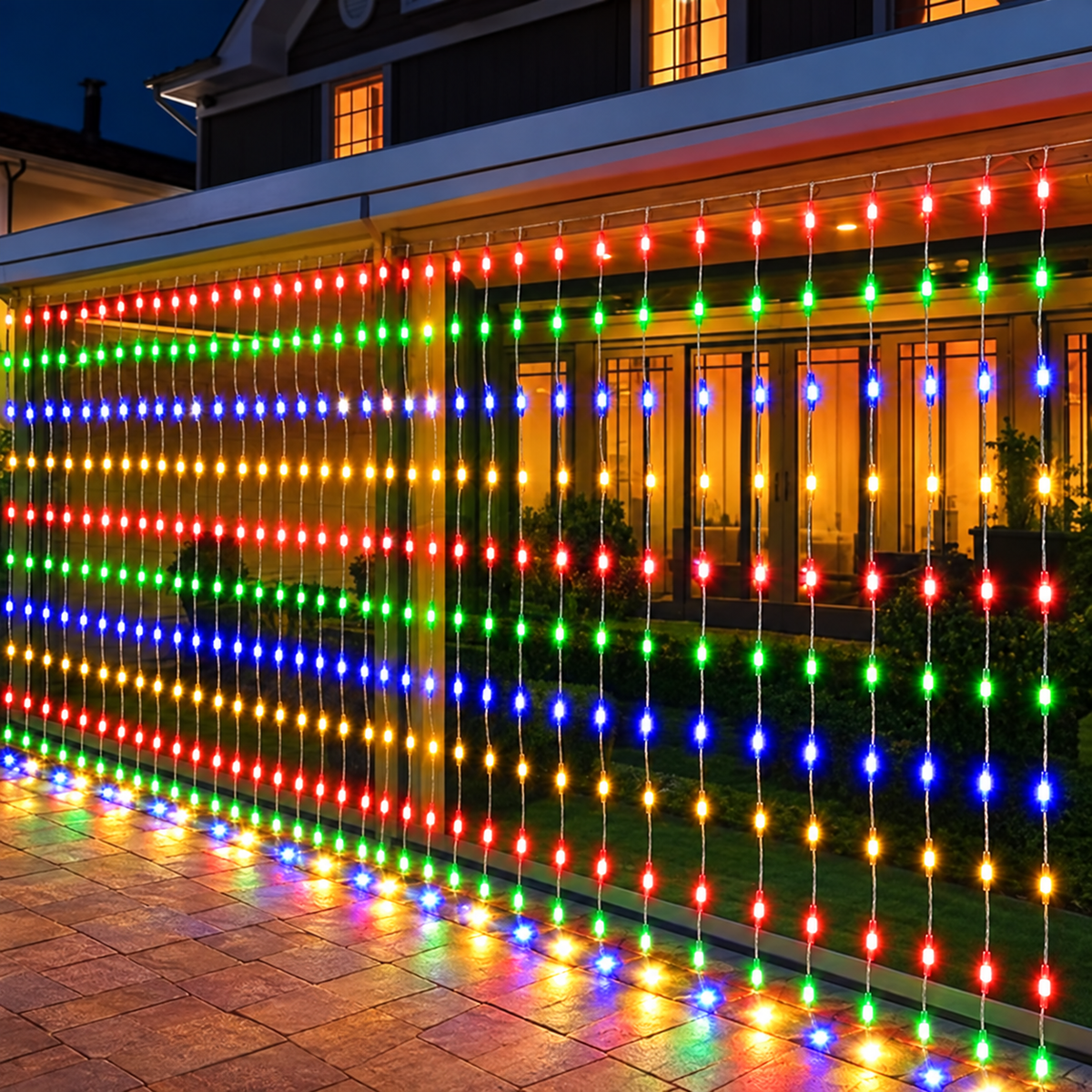 cortina de luzes solar de natal com 600 leds acesa