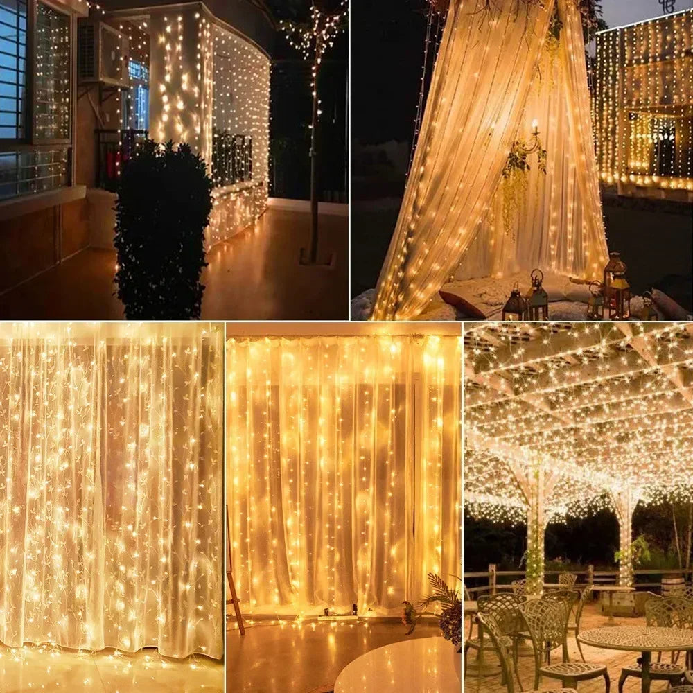 cortina de luzes solar de natal com 600 leds acesa - foto 3