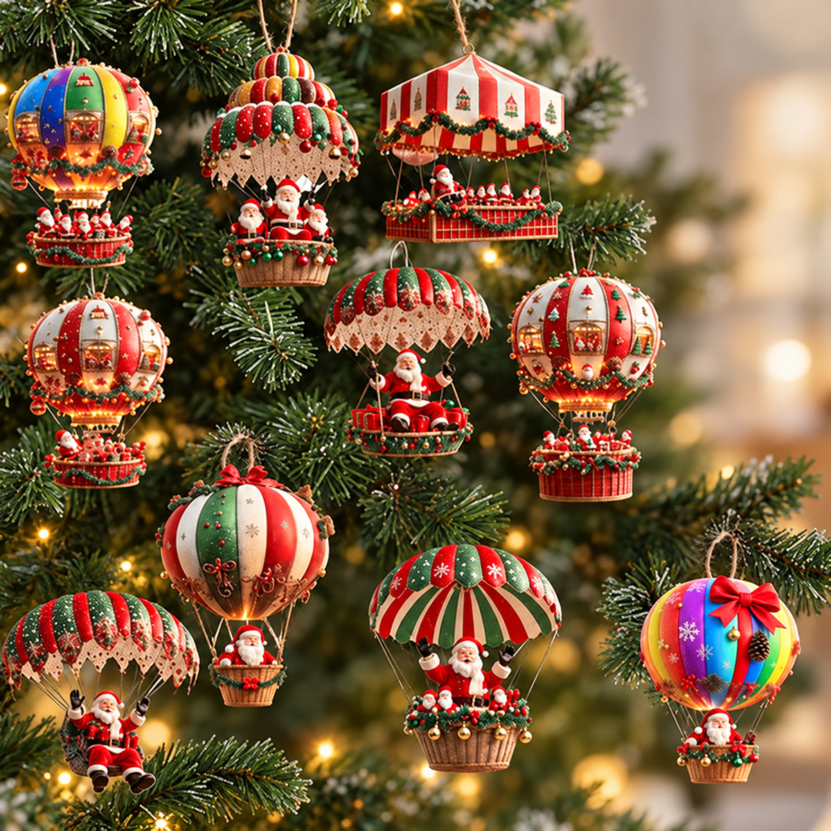 kit de enfeites de natal em madeira com papai noel de paraquedas