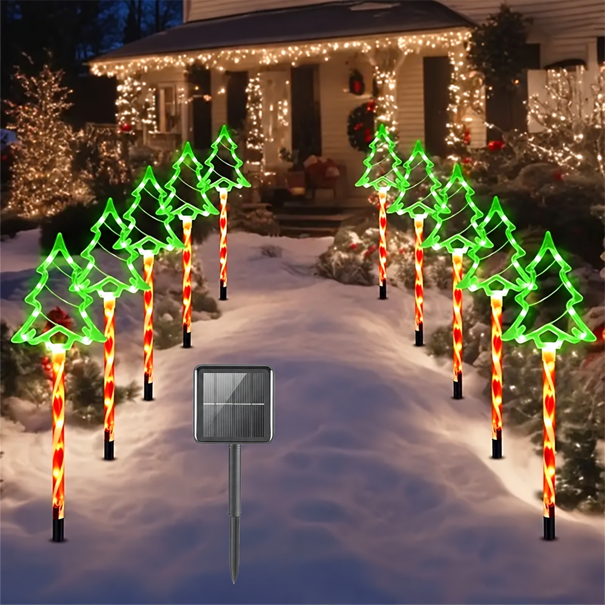 kit de cinco luzes solares de natal em formato de árvore no jardim