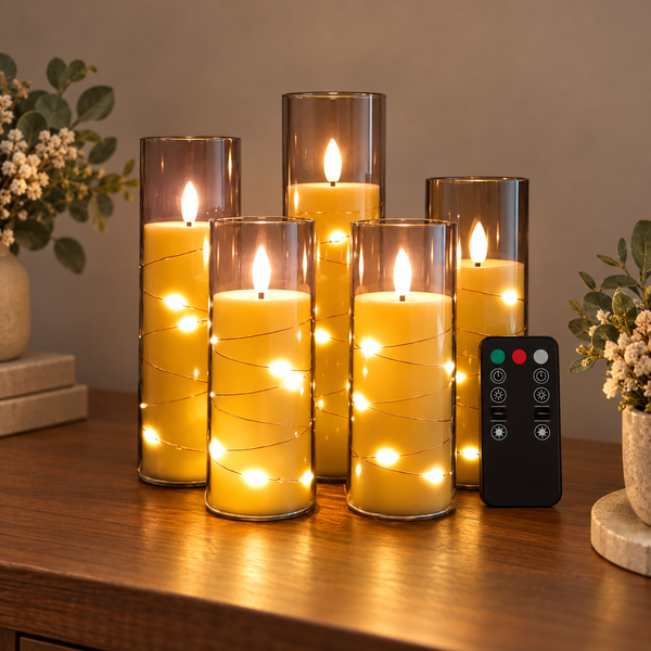 kit de cinco velas led com luz de corda e controle remoto