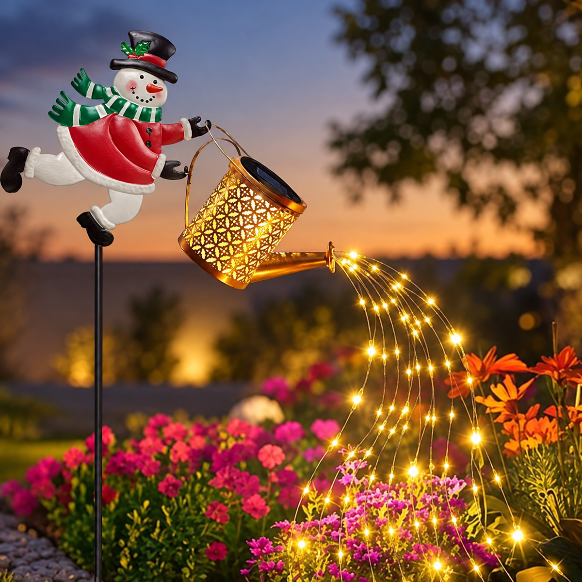 luminária solar de natal acesa no jardim