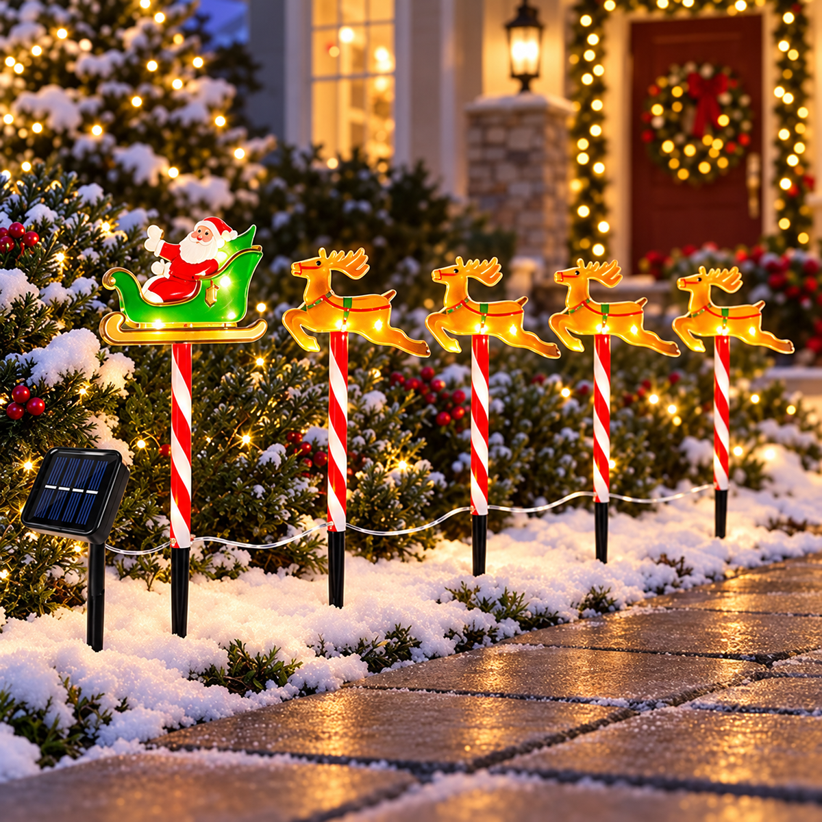 luzes solares de natal com papai noel e alce no jardim