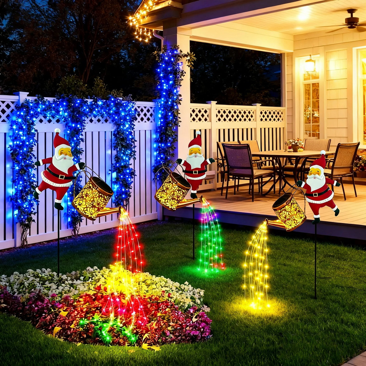 papai noel solar com chaleira mágica e led aceso