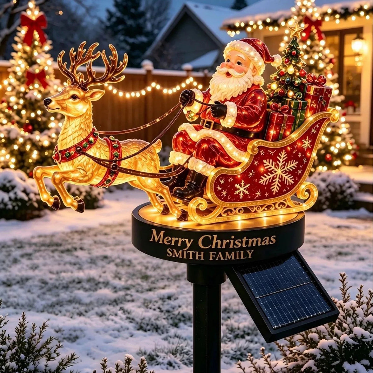 enfeite solar de papai noel com trenó e rena em resina no jardim - foto 2