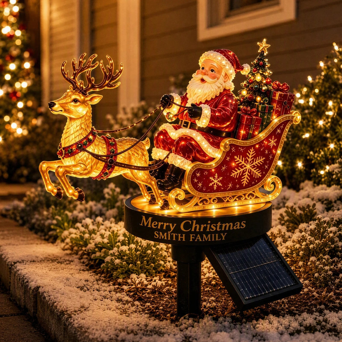 enfeite solar de papai noel com trenó e rena em resina no jardim - foto 3