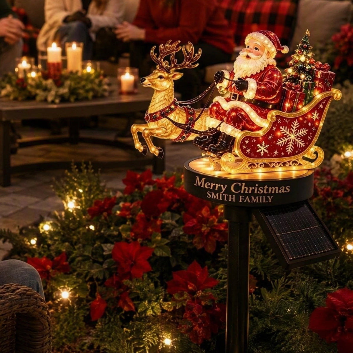 enfeite solar de papai noel com trenó e rena em resina no jardim - foto 4
