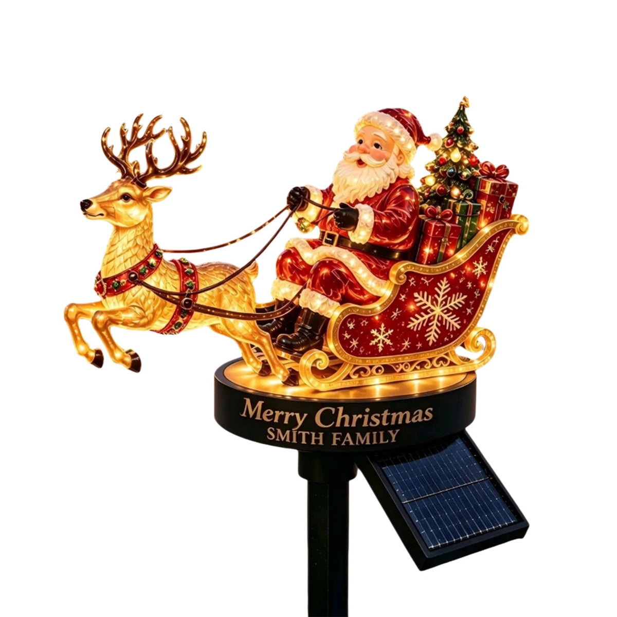 enfeite solar de papai noel com trenó e rena em resina no jardim - foto 7