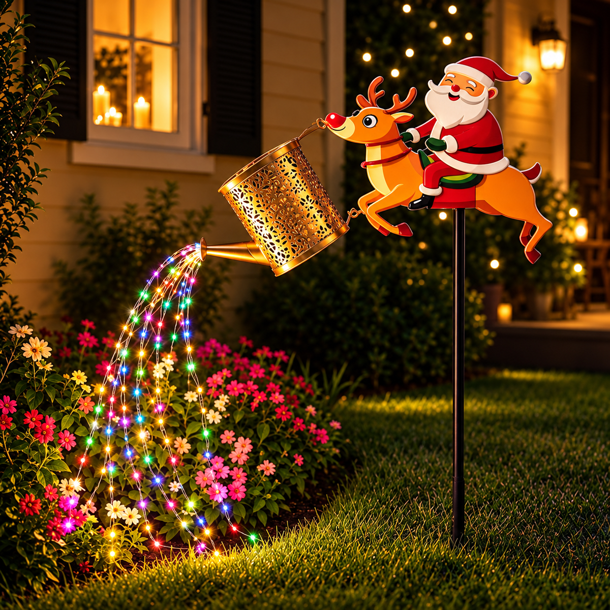 regador solar decorativo com papai noel e fios de luz led no jardim