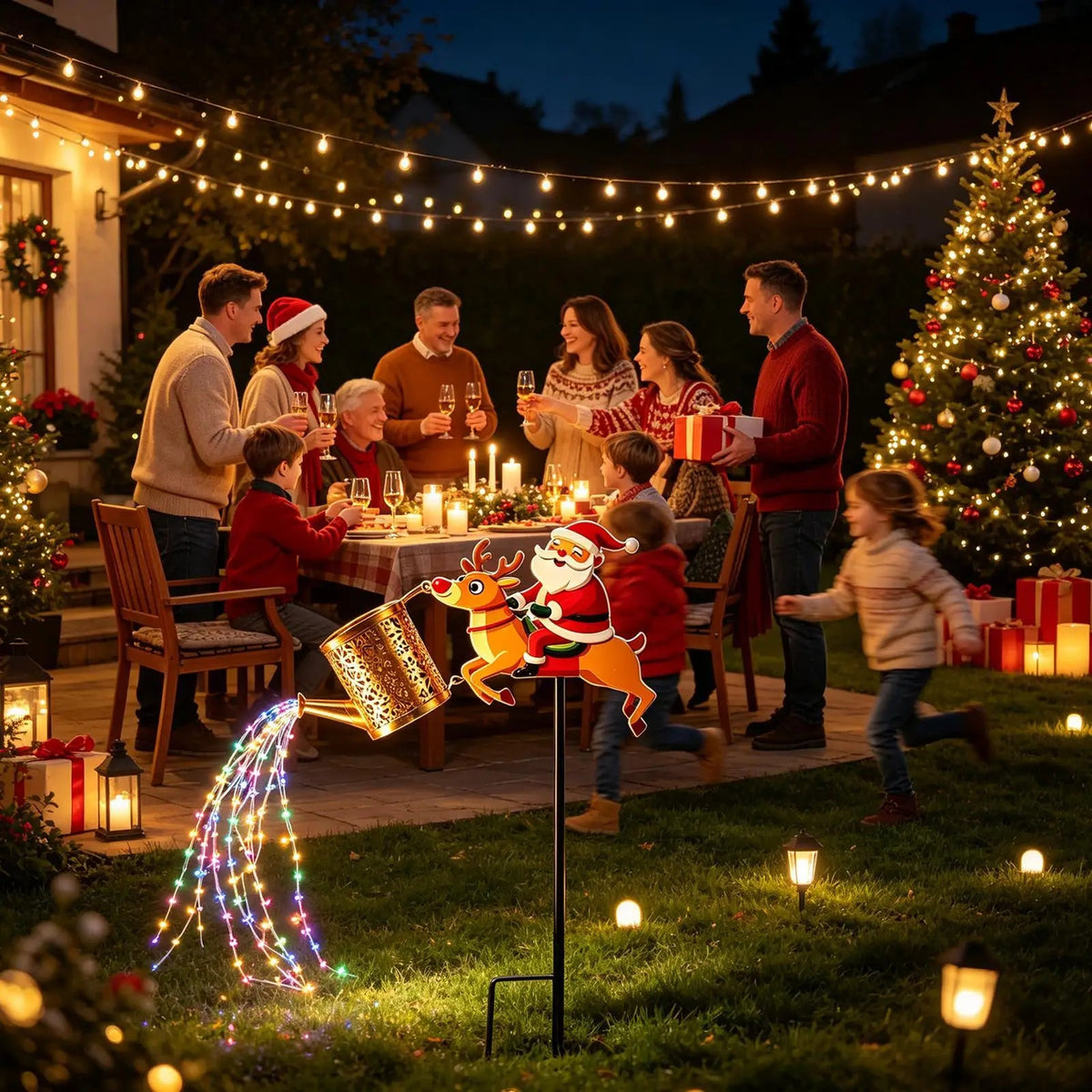 regador solar decorativo com papai noel e fios de luz led no jardim - foto 3
