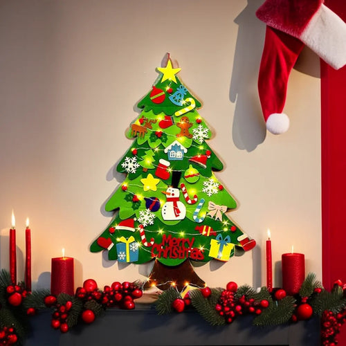 árvore de natal de feltro na parede com luzes led