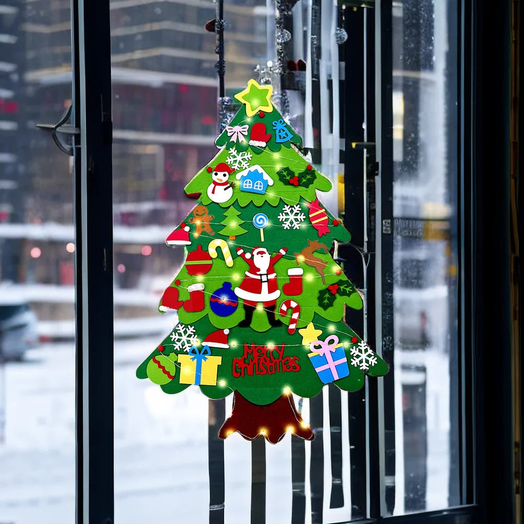 árvore de natal de feltro na parede com luzes led - foto 5
