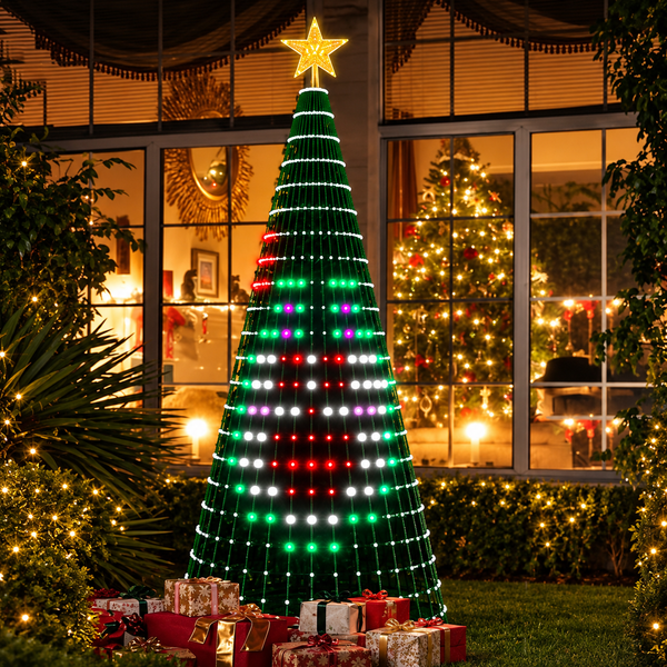 árvore de natal com luzes rgb coloridas na sala