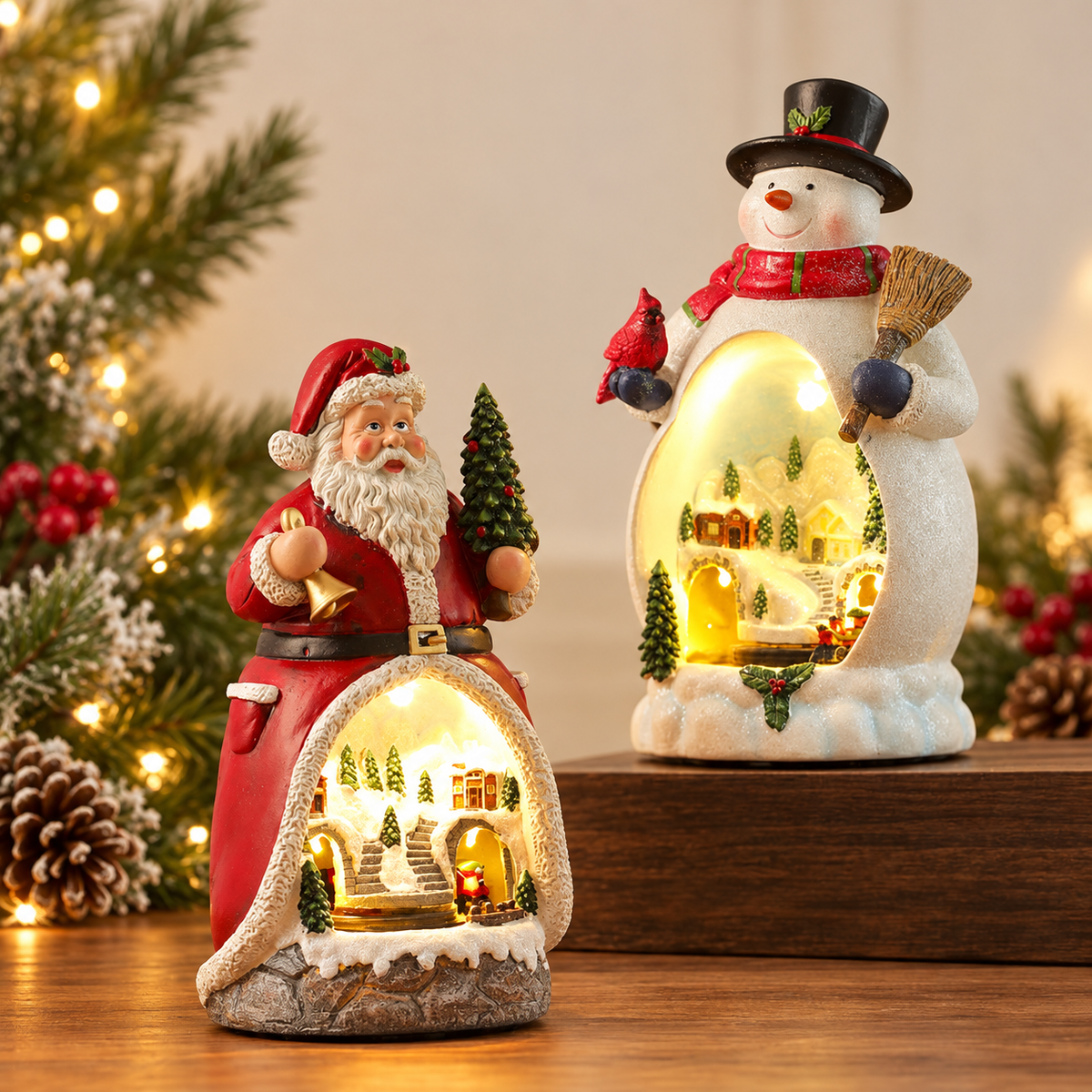 caixa de música natalina iluminada com papai noel