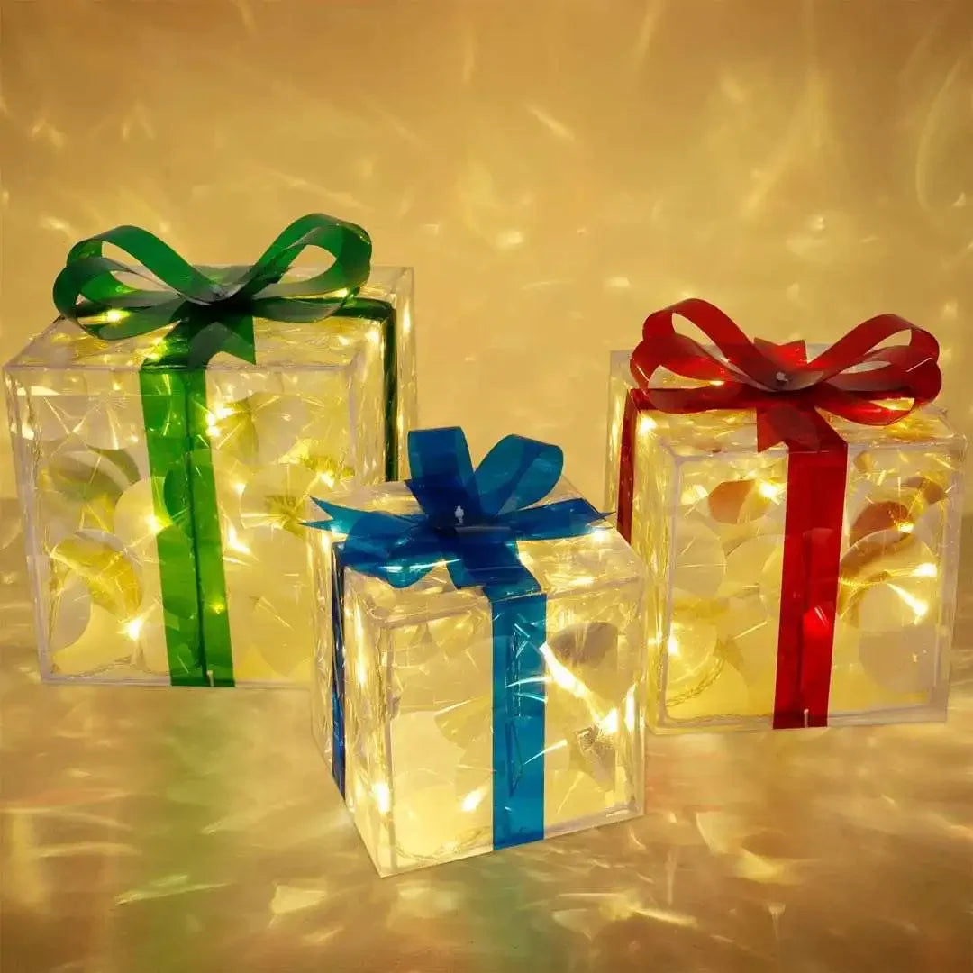 caixas de presente decorativas com led ao pé da árvore de natal - foto 6