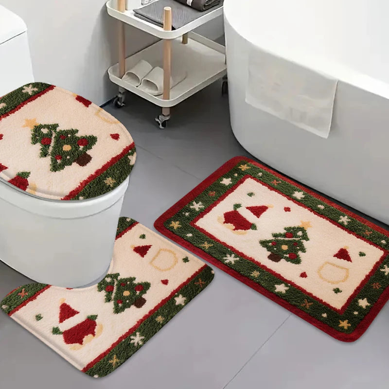 conjunto de tapetes de natal para banheiro em flanela