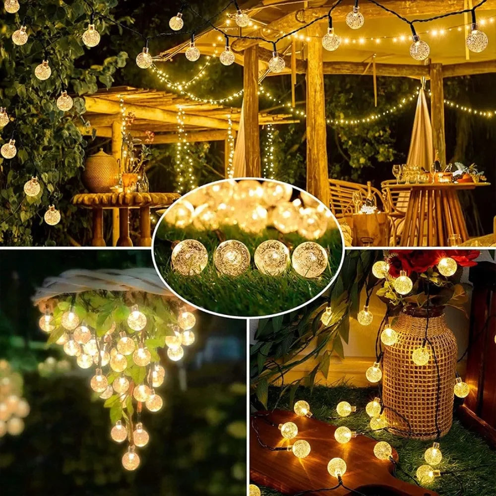 cordão solar de bolinhas de luz led branco quente aceso em jardim - foto 5