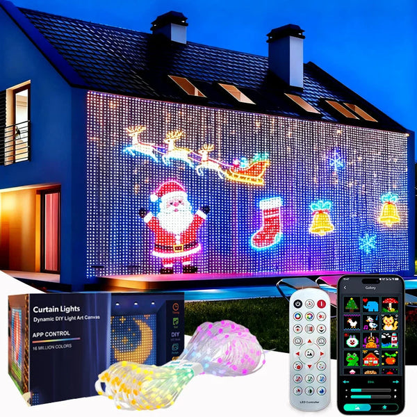 cortina de luz led inteligente acesa na parede com desenhos coloridos