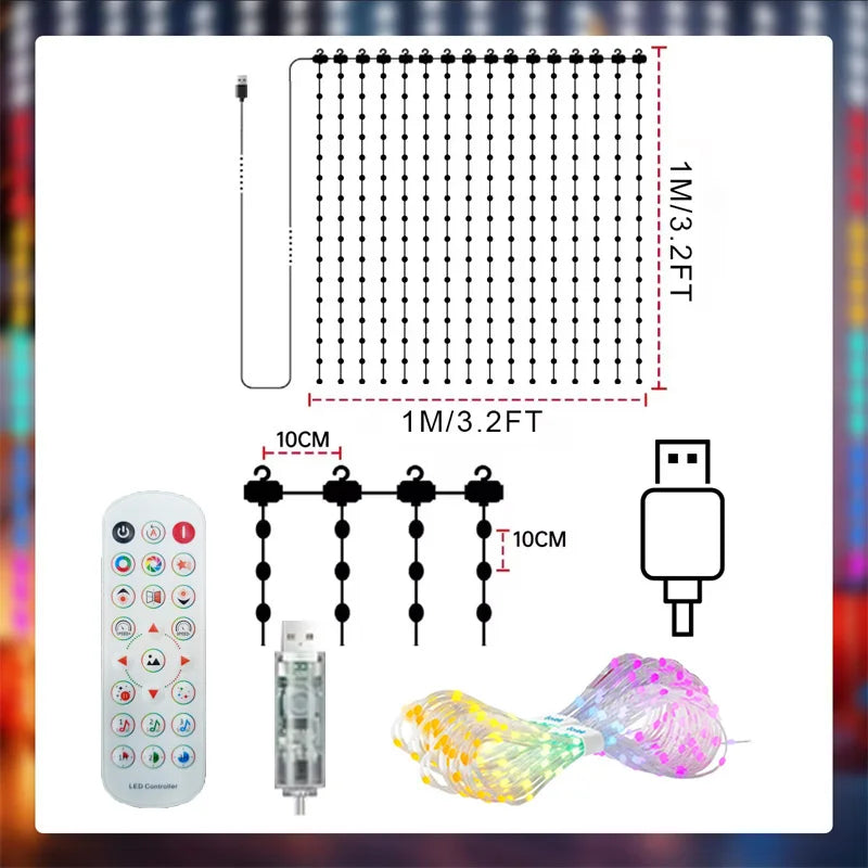 cortina de luz led inteligente acesa na parede com desenhos coloridos - foto 5