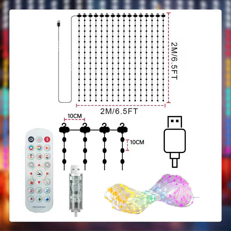 cortina de luz led inteligente acesa na parede com desenhos coloridos - foto 6