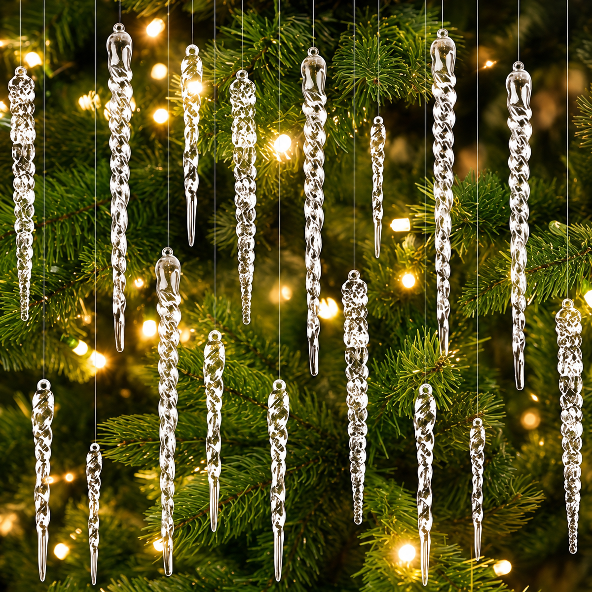 enfeites de natal transparentes em forma de gelo na árvore