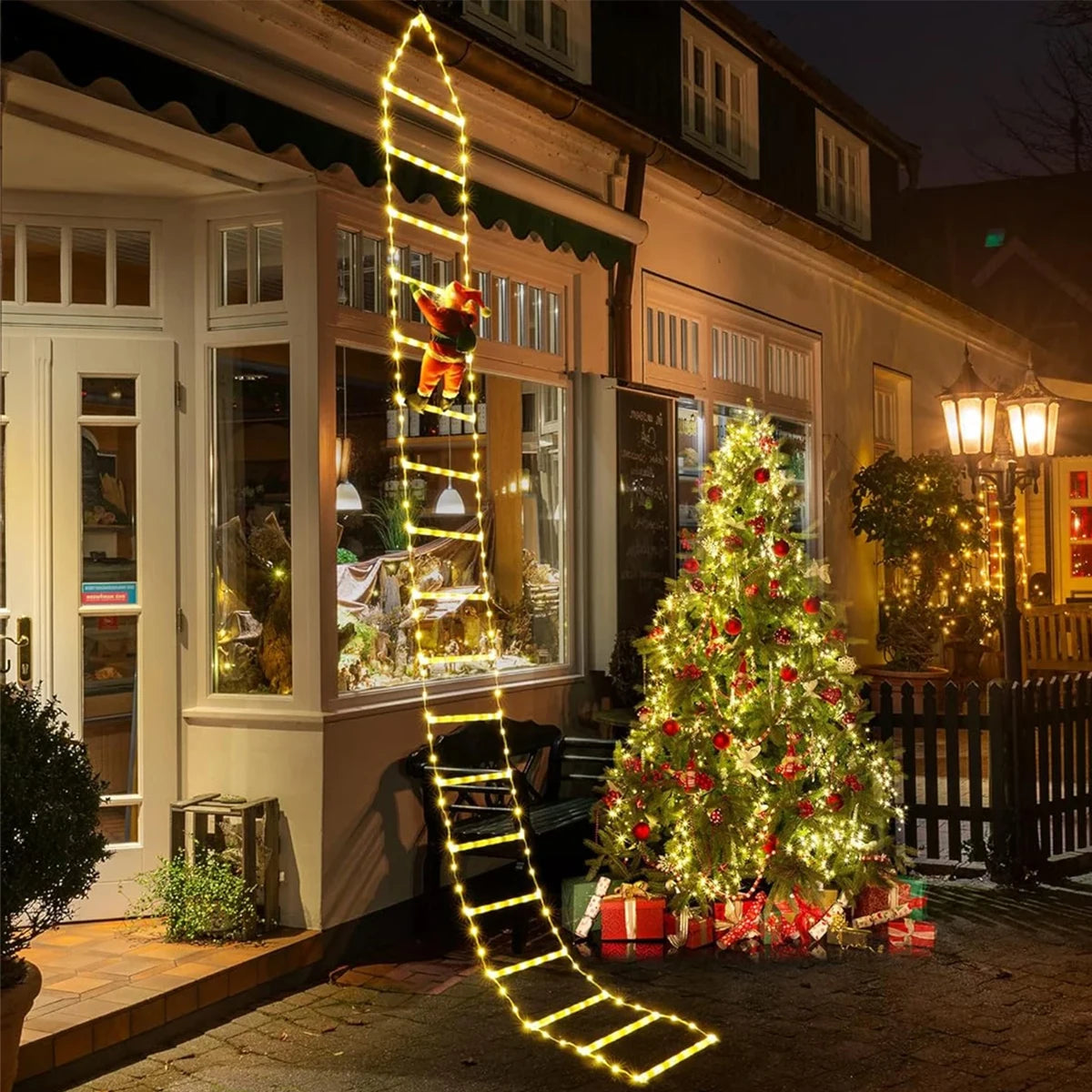 escada de natal iluminada com papai noel de 3 metros