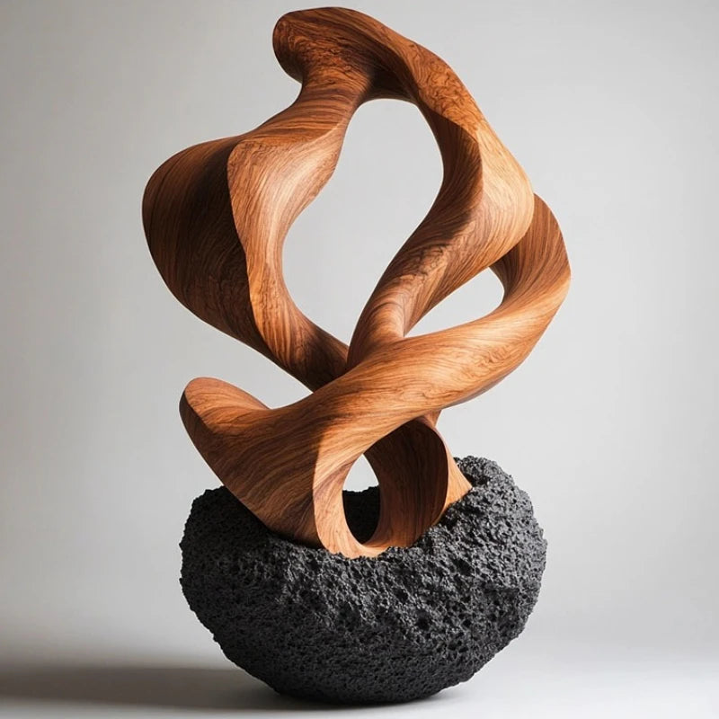 escultura abstrata madeira curva e ave dourada