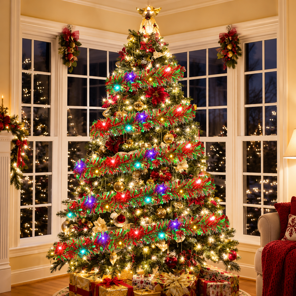 fita de luzes de natal colorida enrolada na árvore