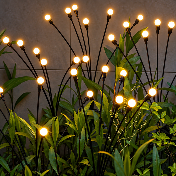 luzes solares efeito vaga-lume entre as plantas do jardim