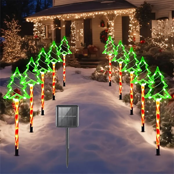 kit de cinco luzes solares de natal em formato de árvore no jardim