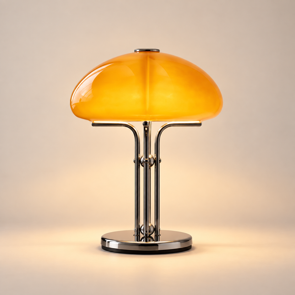 luminária de mesa cogumelo vintage em tom âmbar acesa na mesa lateral