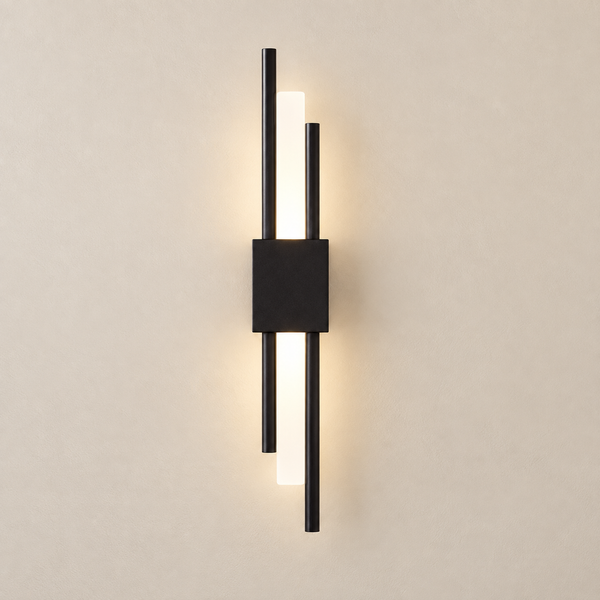 luminária de parede minimalista de ferro e acrílico acesa