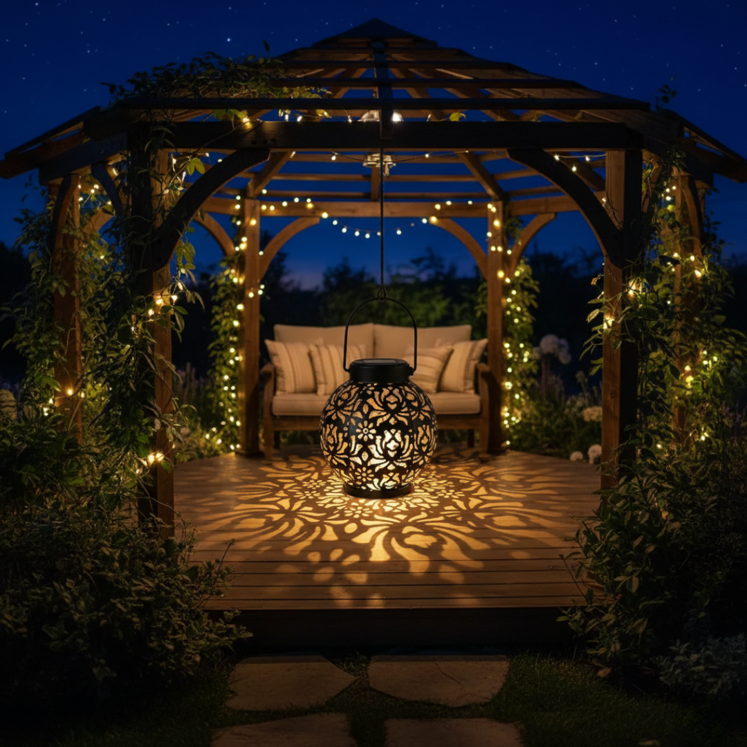 luminária solar de ferro vazado acesa no jardim - foto 4