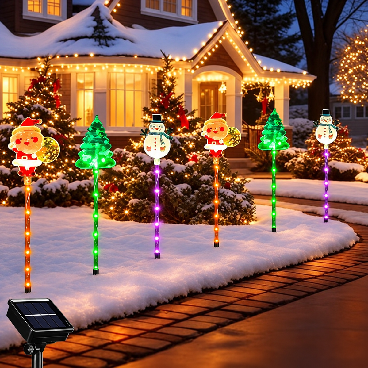 luzes solares de natal em estaca coloridas no jardim