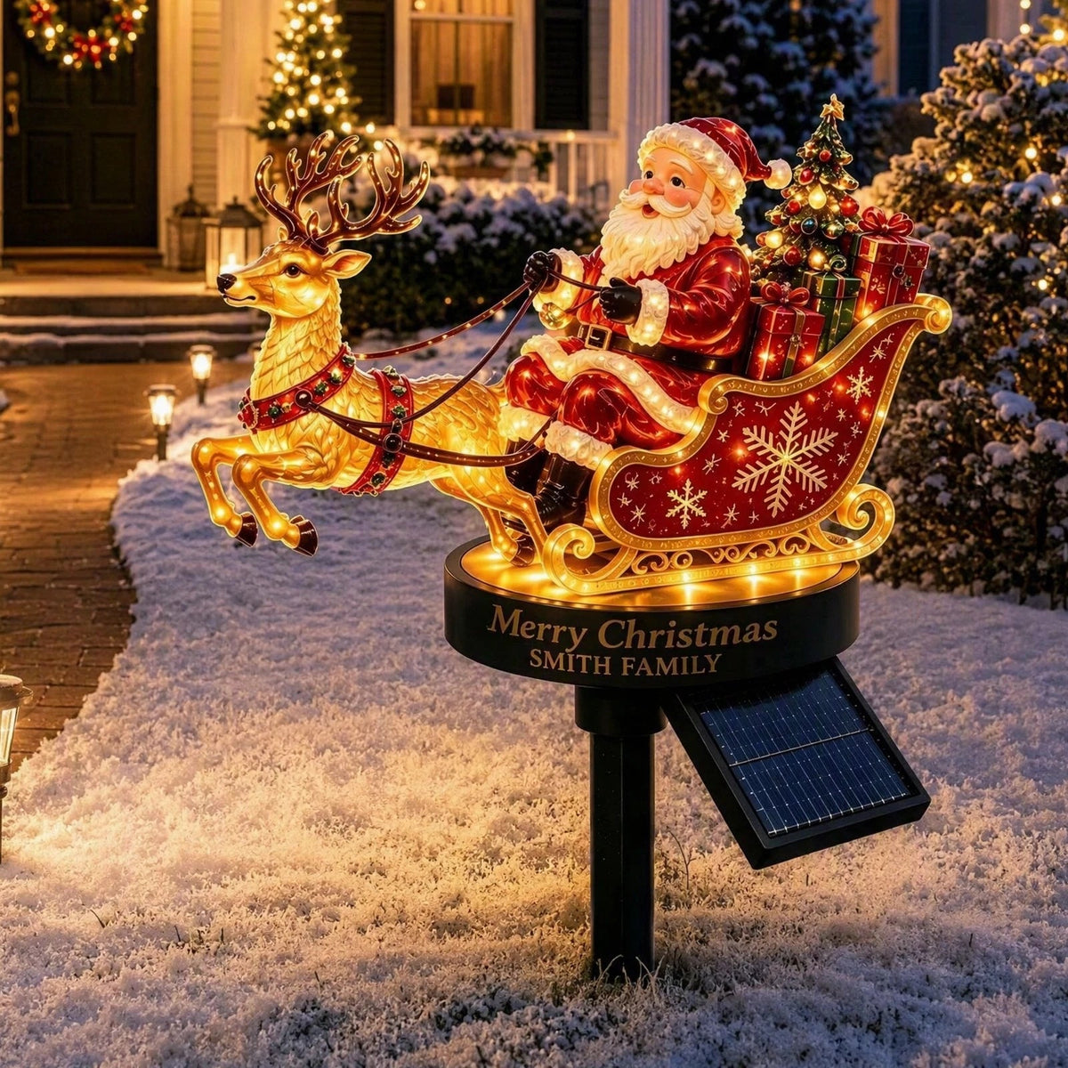 enfeite solar de papai noel com trenó e rena em resina no jardim