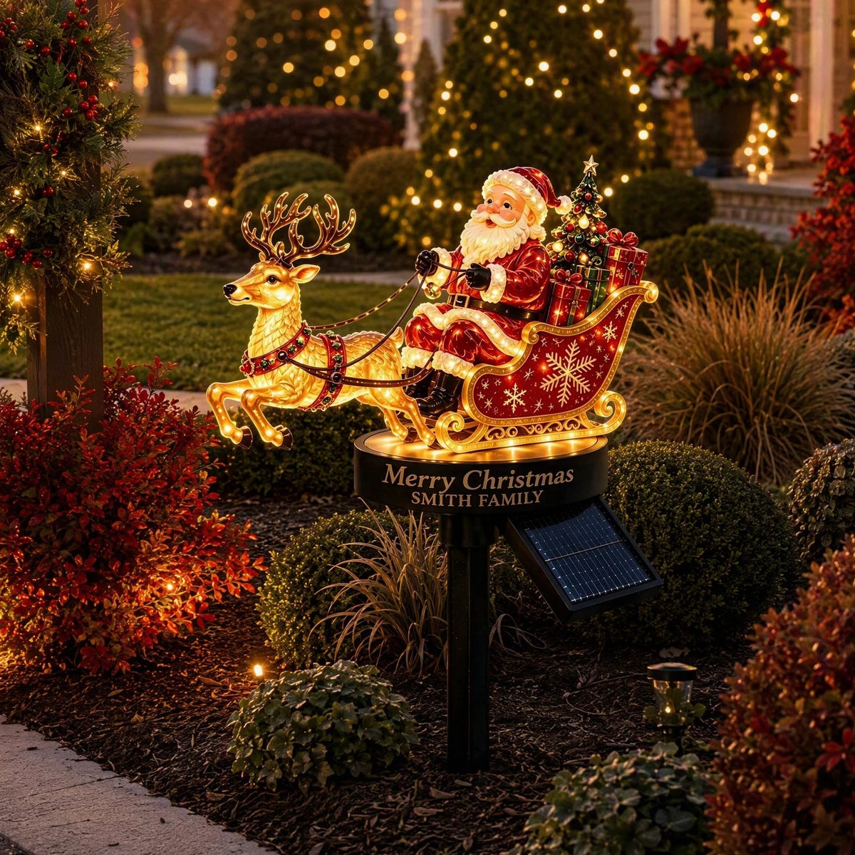 enfeite solar de papai noel com trenó e rena em resina no jardim - foto 6