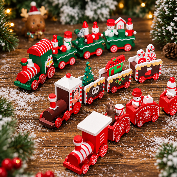 trem de natal decorativo em madeira sobre aparador