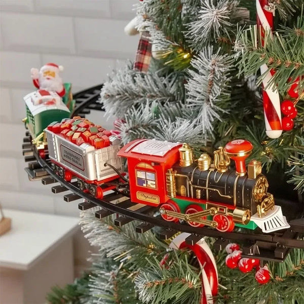 trem de natal suspenso com trilho na árvore