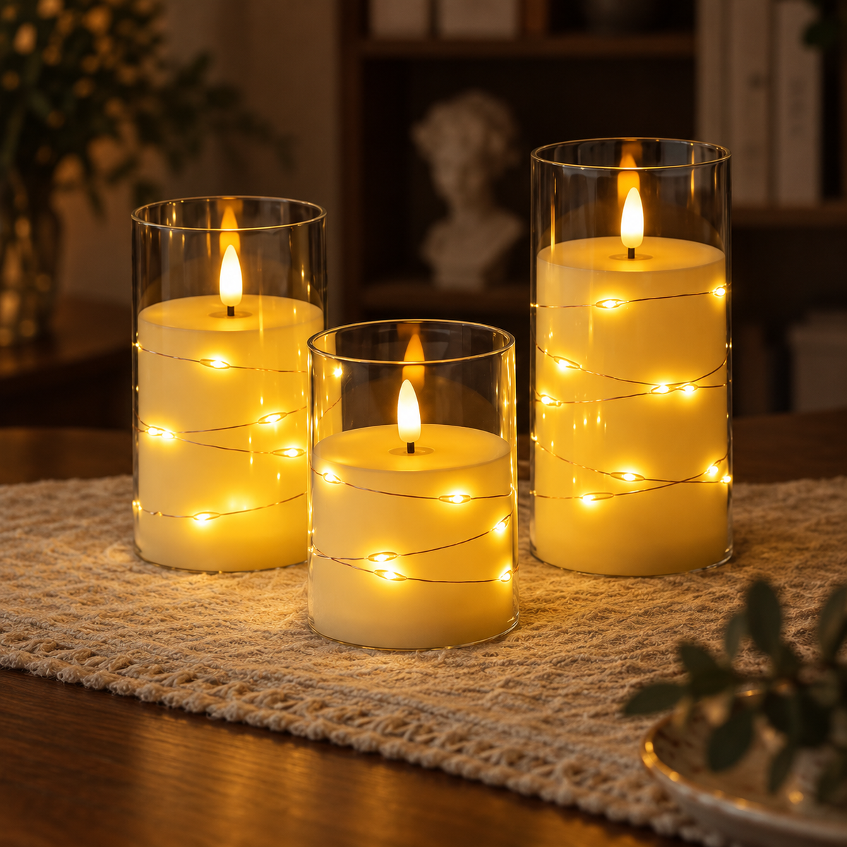 conjunto de três velas led com chama realista e fios de cobre