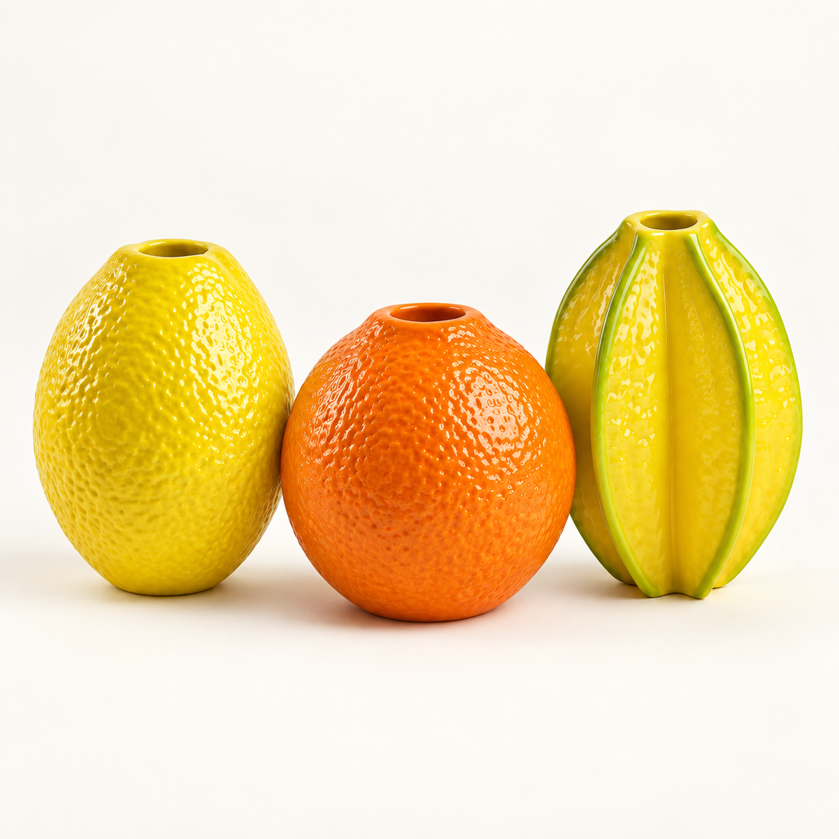 vaso decorativo em formato de fruta em resina colorida