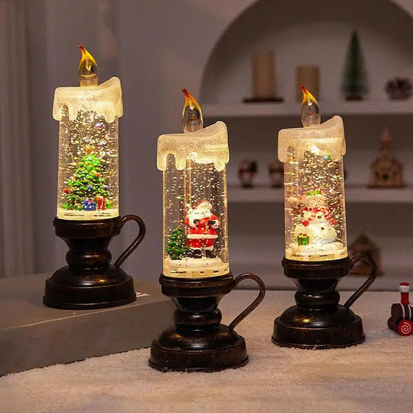 vela led de natal com globo de neve e flocos brilhantes